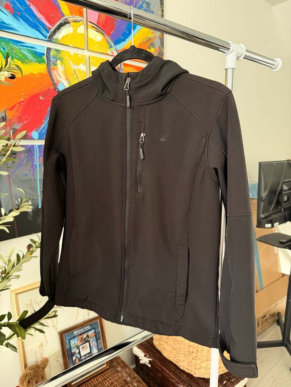 Black Softshell Hooded Jacket Size L 14/16 Full Zip Fleece Lined